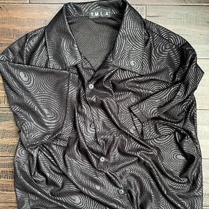 YMLA Black Fishnet Mesh Button Down Screen Print